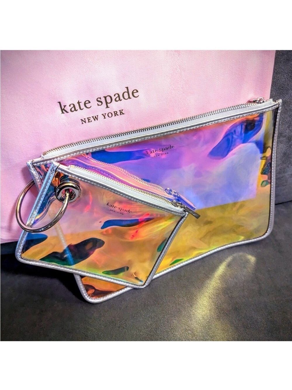 Kate Spade Iridescent Clutch Cosmetic Pouch Set Pink Dust Bag